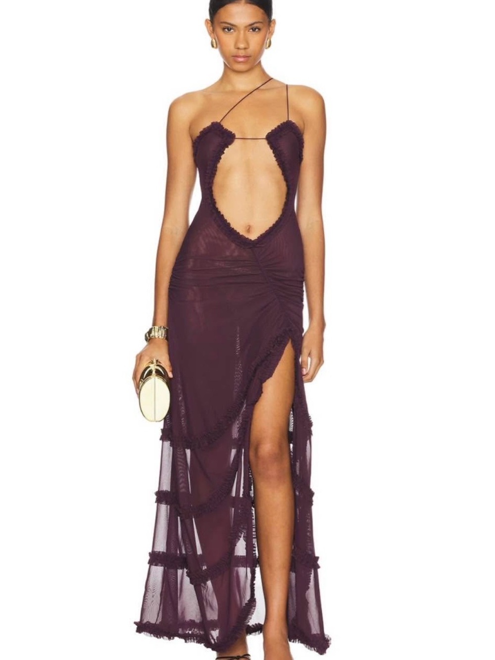 Plunging Ruffle V-Neck Maxi Dress in Deep Plum